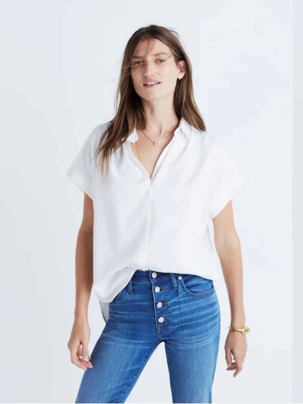 Madewell White Short Sleeve Button Down Cotton Blend Central Shirt Size M G0212